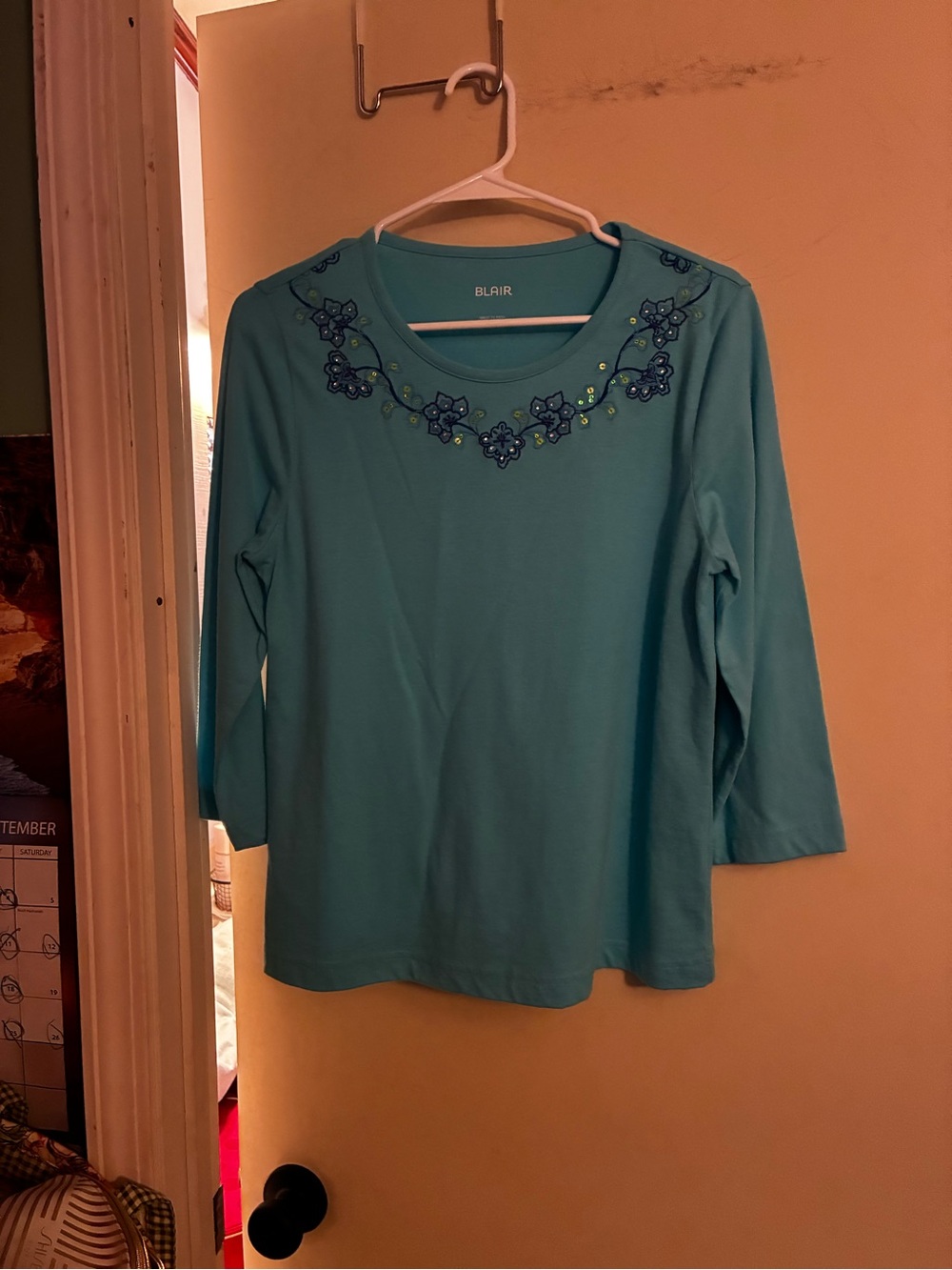 Blair Women's Teal Embroidered Scoop Neck Top 3/4 Sleeves